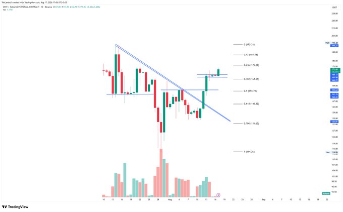 A TradingView candlestick chart of COINBASE:PEPEUSD showing price action with Fibonacci retracement levels (0, 0.25, 0.382, 0.5, 0.618, 0.786, 1) and volume bars below, currently near 191.46.