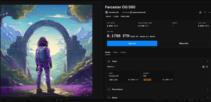 An NFT marketplace listing for 'Farcaster OG 590' priced at 0.1799 ETH, featuring artwork of a purple-haired figure standing before a stone archway in a fantasy landscape.