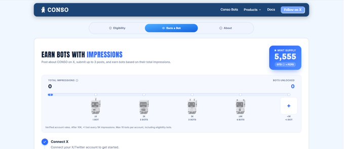 A screenshot of the CONSO website showing an "Earn a Bot" page with the heading "EARN BOTS WITH IMPRESSIONS," a mint supply of 5,555, and a progress tracker for earning up to 10 bots.