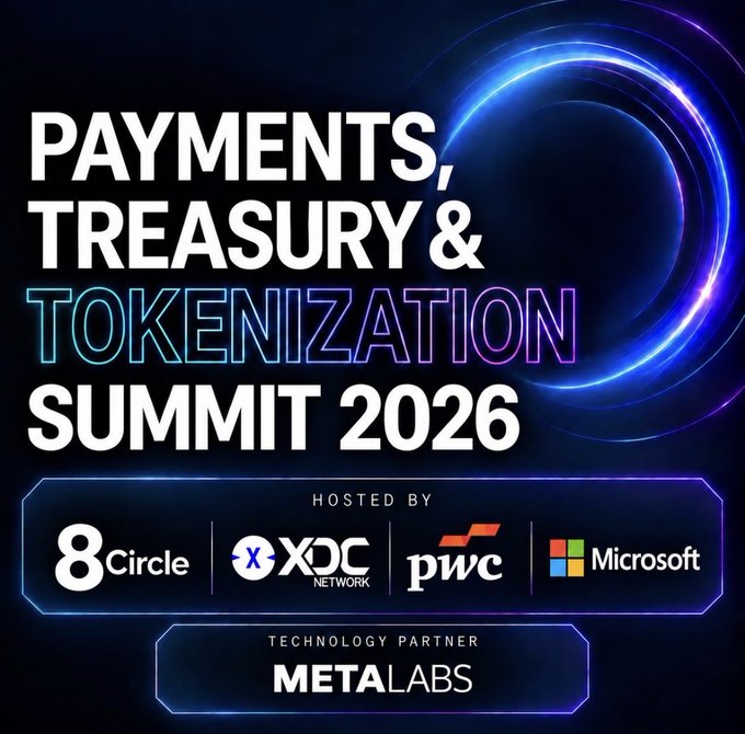 A promotional banner for the 'Payments, Treasury & Tokenization Summit 2026', hosted by 8 Circle, XDC Network, PwC, and Microsoft, with METALABS as the technology partner.