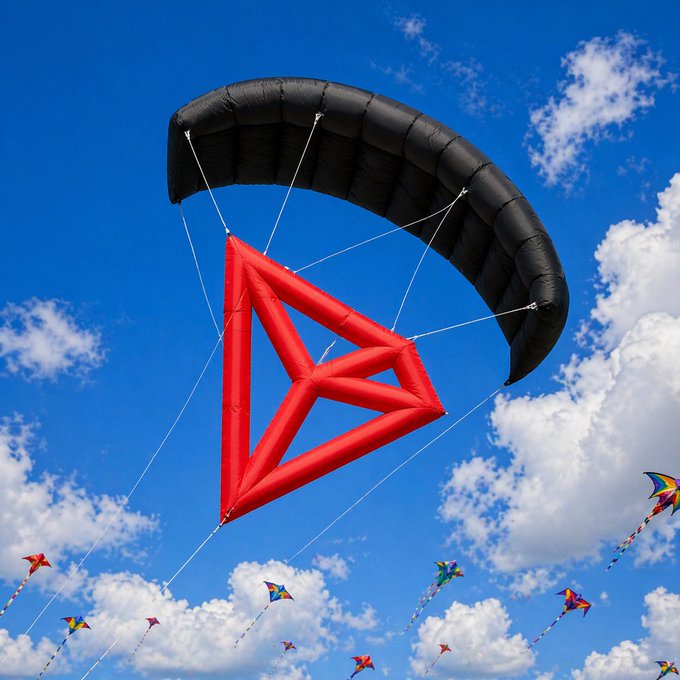 A large black and red triangular ram-air parachute flying against a bright blue sky with scattered clouds, accompanied by several smaller colorful kites in the background.