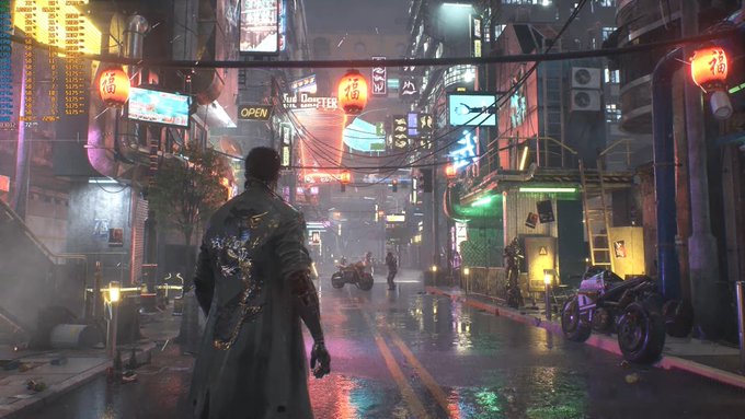 A man in a cyberpunk coat stands in a neon-lit alley featuring "HILL MASTER," "OPEN," and Japanese signage, serving as a sneak preview of the "UE5 Crown District Visual Vertical Slice - Genesis Citizen Models" referenced in the giveaway post.