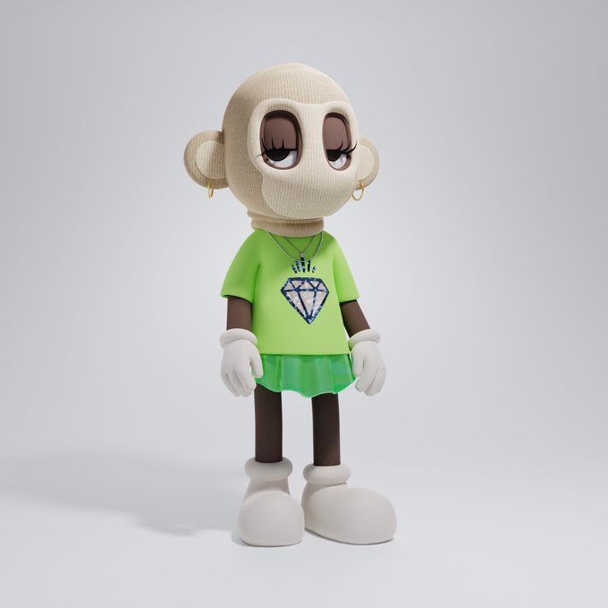 A 3D rendered character with a beige balaclava/head covering, wearing a green t-shirt with a diamond logo, green skirt, white gloves, and large white boots.