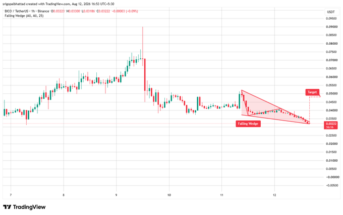 A TradingView candlestick chart for BCO/TetherUS on Binance showing a 'Falling Wedge' pattern with a target level marked at 0.04500, dated August 12, 2024.