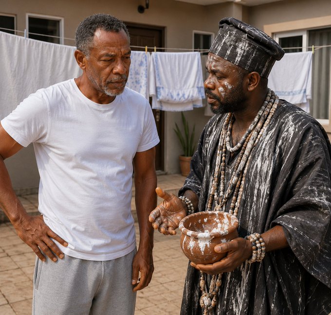 Two men converse in a courtyard with laundry hanging behind them — one in a white t-shirt and the other in traditional dark robes, beaded necklaces, and a black hat, holding a clay bowl.