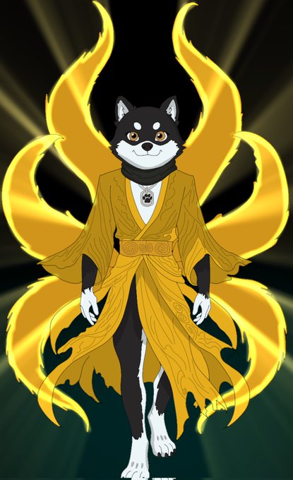 An anime-style illustration of a black and white Shiba Inu dog dressed in flowing golden robes, standing with multiple glowing yellow fox tails fanning out behind it against a dark background.