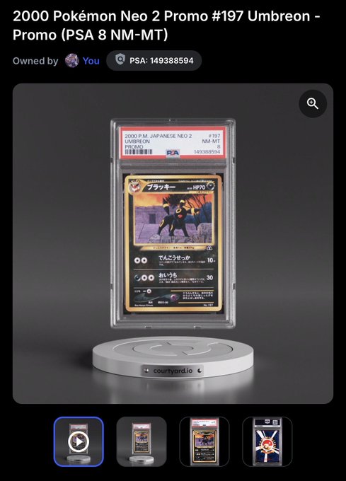 A digital trading card display on courtyard.io showing a PSA-graded '2000 Pokémon Neo 2 Promo #197 Umbreon' card owned by 'You,' with multiple viewing angles at the bottom.