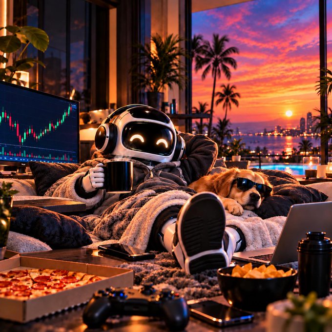 A cozy scene of a white robot wearing headphones and a robe relaxing on a couch with a golden retriever wearing sunglasses, surrounded by pizza, chips, a game controller, and laptops, with a monitor showing a stock chart and a sunset city view in the background.