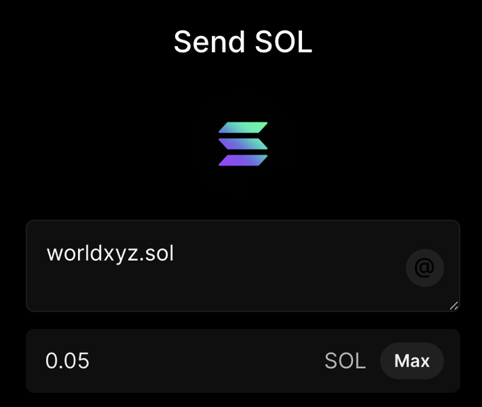 A digital wallet interface displays a 'Send SOL' screen, showing a transfer of 0.05 SOL to the address 'worldxyz.sol' with the Solana logo.