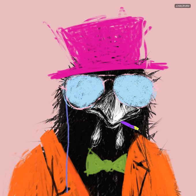 A vibrant digital painting of a stylized black bird-like figure wearing a bright pink top hat, light blue sunglasses, an orange jacket, and a green bow tie against a pink background, with the word "CHICKEN" in the upper right corner.