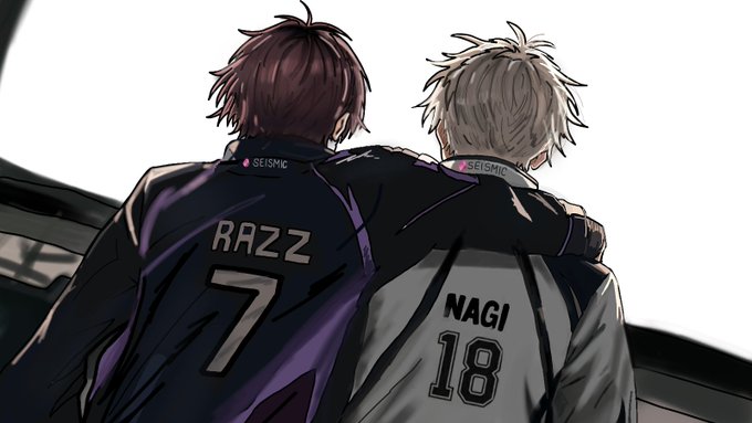 Anime artwork showing two soccer players from behind wearing jerseys labeled 'RAZZ 7' and 'NAGI 18' with 'SEISMIC' branding, arms around each other.
