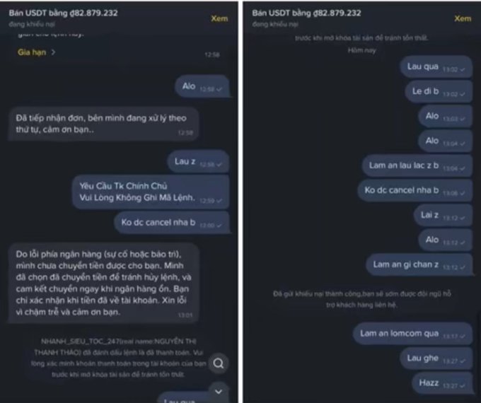 Two screenshots of Vietnamese-language chat conversations about selling 82,879,232 USDT, with messages discussing transfer issues and cancellations between users including 'Lau z' and 'Alo'.