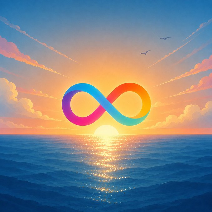A colorful infinity symbol floating over an ocean with a sunset, clouds, and seagulls in a stylized illustrated landscape.