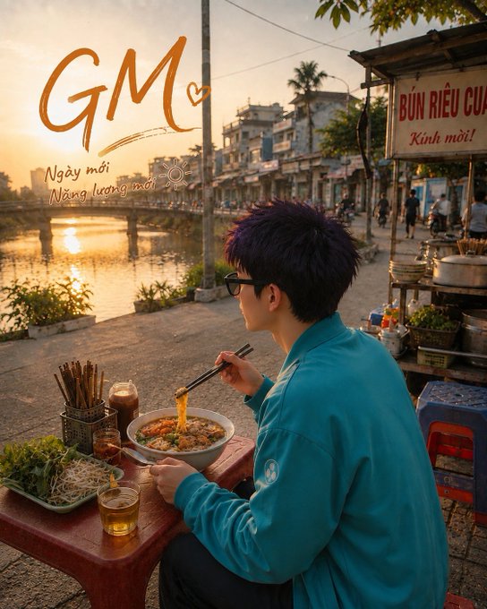 A young man with purple hair enjoys a steaming bowl of "Bún Riêu" at a riverside food stall at sunrise, with stylized "GM" text overlaid alongside the message "Ngày mới, Năng lượng mới" (New day, new energy).

The image perfectly captures the post's motivational spirit—starting the day fresh with a simple, meaningful morning ritual, showing how consistency (like a daily routine) is more powerful than chasing perfection.