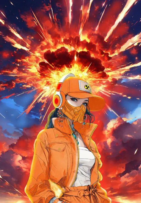 An anime-style illustration of a female character wearing an orange cap, jacket, and mask with a radioactive symbol, set against a dramatic fiery explosion background with manga-style speed lines.