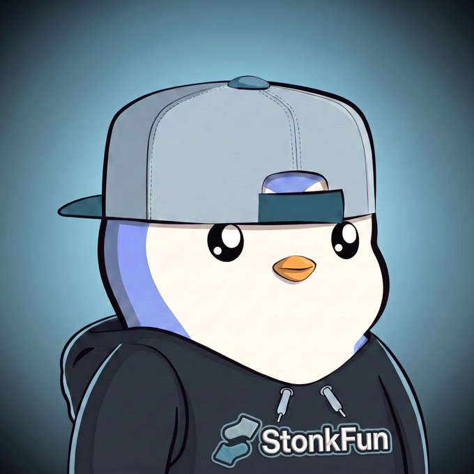 A cartoon illustration of a cute white penguin character wearing a gray backwards baseball cap and a dark gray hoodie with the 'StonkFun' logo.