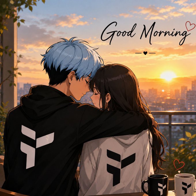 The image features a man and woman sitting together, with the woman wearing a hoodie that has "Good Morning" written on it. They are both holding coffee cups, which suggests they might be enjoying their morning coffee or having a conversation over drinks. The background of the image shows a beautiful sunset, adding to the overall ambiance of the scene.