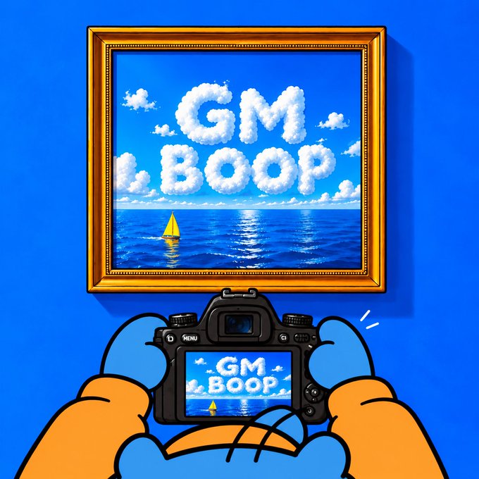 An illustration of orange cartoon hands taking a picture of a framed seascape painting that displays 'GM BOOP' in clouds over the ocean, with the same image visible on the camera's screen, all set against a blue background.
