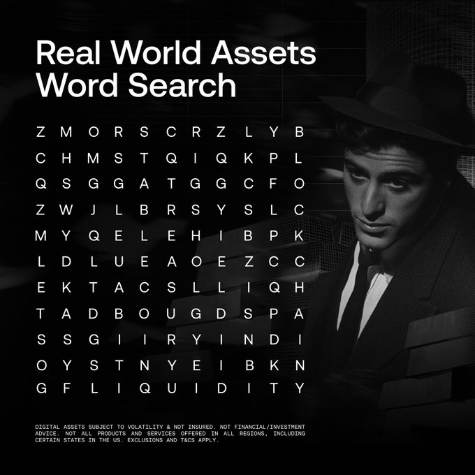 A stylish black-and-white promotional graphic titled "Real World Assets Word Search" features a noir-inspired image of a man in a fedora on the right side, alongside a letter grid puzzle on the left with visible words like "GOLD," "DIAMOND," "RWA," and "LIQUIDITY" hidden within it, and a disclaimer at the bottom noting that digital assets are subject to volatility and not insured; the image relates to the accompanying post by serving as a Weekend Quiz visual from @OKX, where participants can win $500 USDT by following the account, retweeting, and commenting their answer to the word search puzzle.