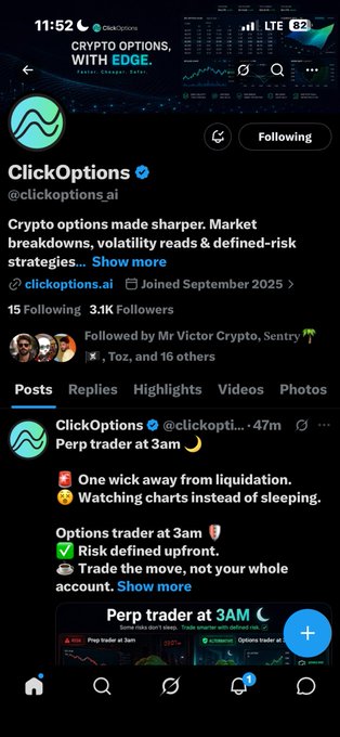 A screenshot of the Twitter/X profile page for 'ClickOptions' (@clickoptions_ai), a verified crypto options account with 3.1K followers, showing a post about a 'Perp trader at 3AM'.