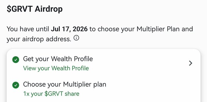 A '$GRVT Airdrop' notification showing a deadline of July 17, 2026, with completed checkmarks for 'Get your Wealth Profile' and 'Choose your Multiplier plan' (1x $GRVT share).