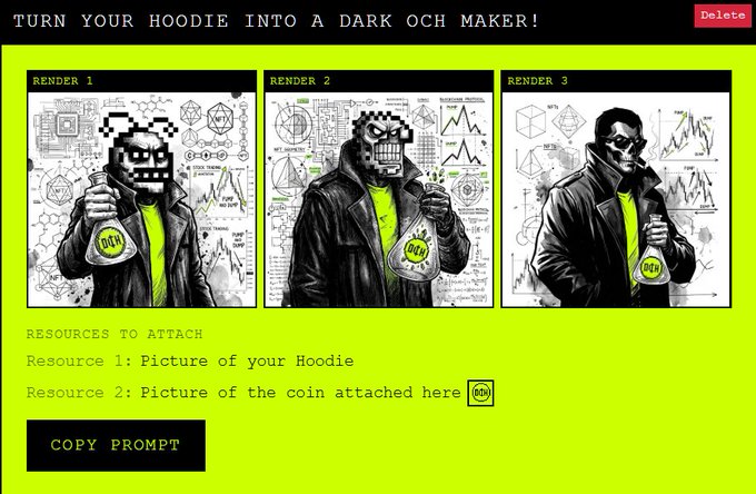 A promotional graphic titled "TURN YOUR HOODIE INTO A DARK OCH MAKER!" showing three renders of stylized characters holding a coin, with instructions to attach hoodie and coin images and a "COPY PROMPT" button.