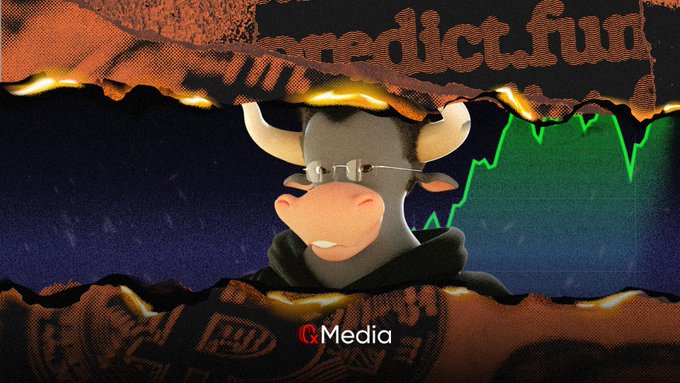 A 3D-rendered bull character wearing sunglasses and a hoodie appears behind torn paper edges, with 'Benedict Fung' partially visible above and a 'Media' logo below, set against a chart with a rising green line.