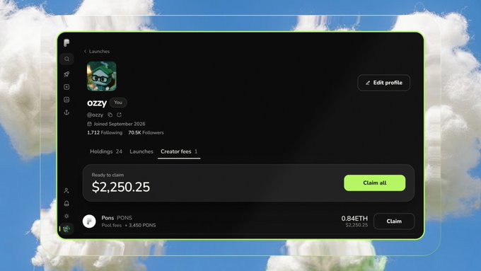 The image shows a profile dashboard for "ozzy" featuring stats like 1,712 followers, 70.5K follows, 24 holdings, and $2,250.25 in ready-to-claim earnings, with a "Claim all" button in green. It also displays a PONS section showing 0.84 ETH (worth $2,260.25), illustrating how the platform's profile feature brings user holdings, earnings, and token management into one unified view.