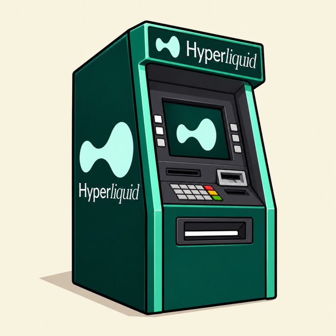 An illustrated ATM machine is branded with the 'Hyperliquid' name and its bowtie-shaped logo on a green background.