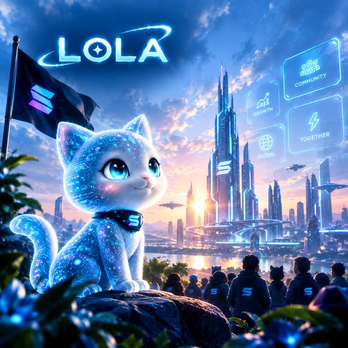 A glowing, futuristic cat mascot named "LOLA" overlooks a vibrant Solana-themed cityscape with a crowd of supporters, accompanied by holographic icons highlighting "Community," "Growth," "Global," and "Together." The image visually reinforces the post's message of building momentum and inviting new members to join the expanding crypto community.