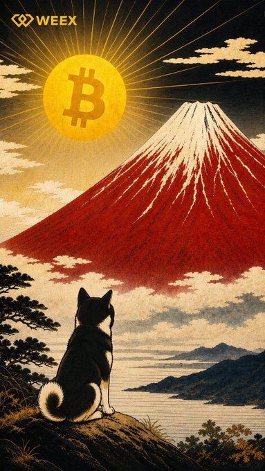 An illustration in the style of traditional Japanese art featuring a black and white dog looking at a sun with the Bitcoin symbol and Mount Fuji.