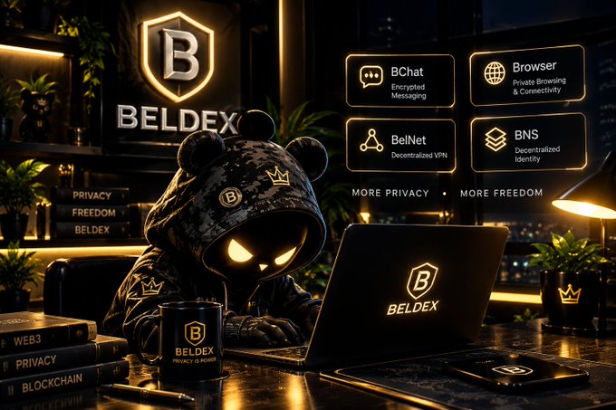 A promotional image for 'BELDEX' features a masked character in camouflage hoodie at a laptop, highlighting products like BChat, Browser, BelNet, and BNS with the tagline 'MORE PRIVACY • MORE FREEDOM'.