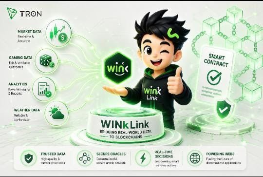A promotional graphic for 'WINkLink' features a cartoon mascot in a green hoodie beside a 'Smart Contract' document, highlighting features like Market Data, Gaming Data, Analytics, Weather Data, and Trusted Oracles.