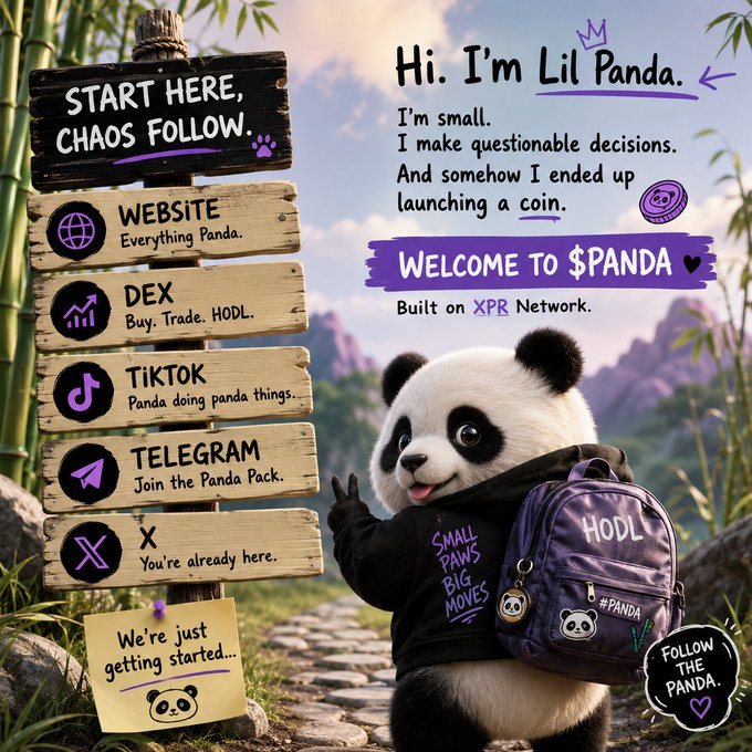 A promotional graphic featuring a cartoon panda character named "Lil Panda" wearing a hoodie and backpack with "HODL" and "#PANDA" text, alongside wooden signposts listing links to Website, DEX, TikTok, Telegram, and X, advertising the $PANDA coin built on XPR Network.
