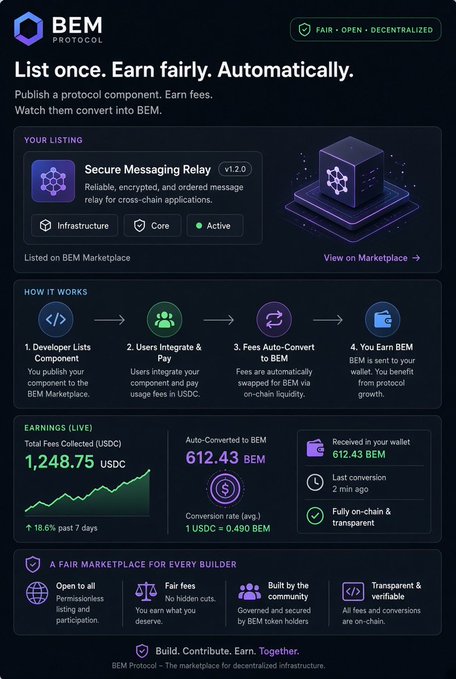 **Caption:** A BEM Protocol dashboard showcasing a live listing for "Secure Messaging Relay v1.2.0," with 1,248.75 USDC in total fees collected (up 18.6% past 7 days), auto-converting to BEM at 1 USDC = 0.490 BEM, with 612.43 BEM earned and last conversion 2 minutes ago.

**Connection to post:** The image illustrates the post's claim that components now "sustain developers," visually demonstrating how a developer's listed component automatically generates USDC fees that convert to BEM tokens—putting the described 50% protocol fee share into tangible, real-time numbers.