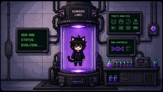 A pixel-art catboy character labeled "GEN ONE" floats inside a glowing purple incubation chamber labeled "DINKERS LABS," with monitors showing "TRAITS ANALYSIS" and "DNA SYNTHESIS." The scene depicts the evolving NFT concept advertised in the post, visually representing the minting and genetic enhancement process available at dinkers.xyz for guaranteed whitelist applicants.