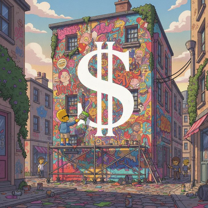 An illustration shows Bart Simpson spray-painting a vibrant, cartoon-covered mural on a brick building in an urban alley, with a large white dollar sign overlaid in the center.

The image visually reinforces the post's theme of separating layers—Bart's mural and scaffolding represent the structured infrastructure, while the prominent dollar sign symbolizes the distinct asset exposure that @EthraShip maintains separately from participation through Sea Verity's verified maritime intelligence.