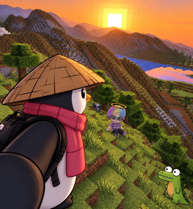 A Minecraft-style scene showing a penguin wearing a conical hat and red scarf in the foreground, with a small character sporting a rainbow halo and sunglasses, and a green frog, overlooking a sunset landscape.