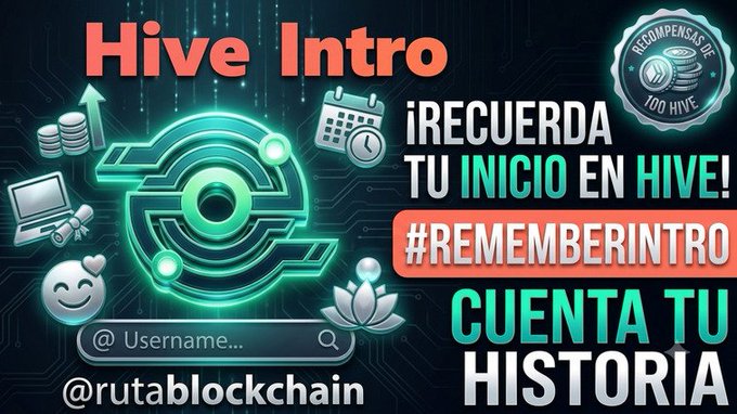 The image features a poster with a blue background, white text, and various icons related to the hashtag "#hive-189306" and "Hive Intro". The poster includes a photo of a user's name and a logo for a website called "Outablockchain". The main focus of the poster is an image of a maze or labyrinth with a clock on it. The text in the image reads: "Recuerda tu encuentro tu inicio en hive! Remember your history!" which translates to "Remember your history!".