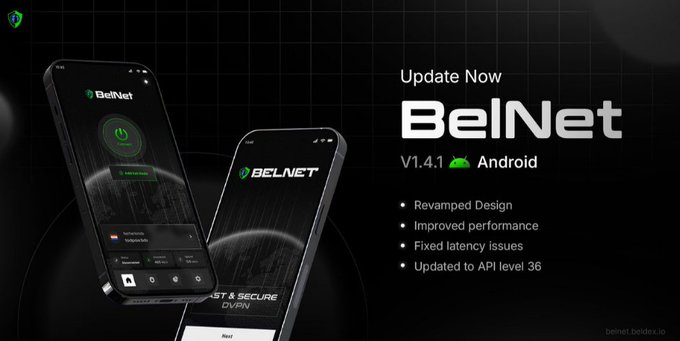 A promotional graphic for a VPN app called 'BelNet' version 1.4.1 for Android, highlighting features like revamped design and fixed latency issues.