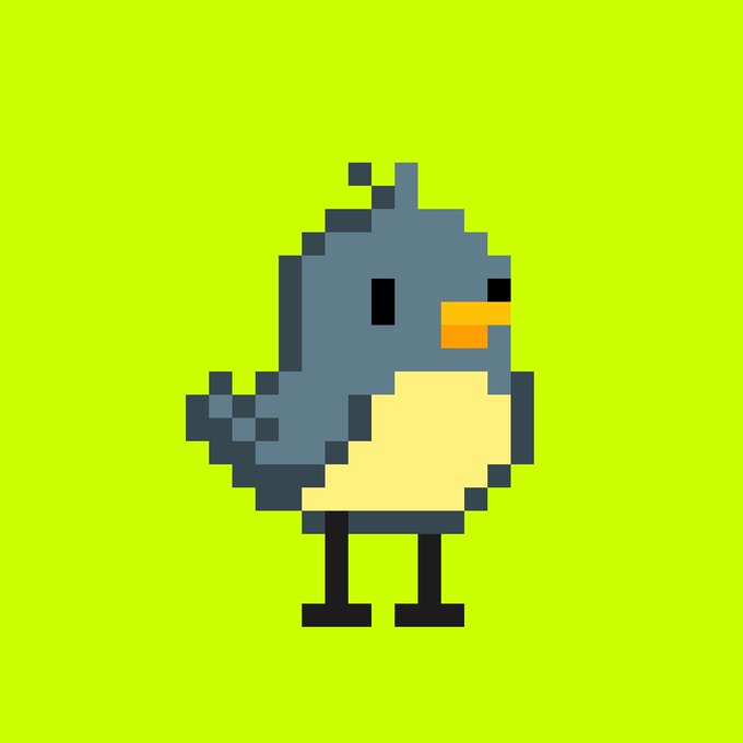 Pixel art of a small blue and yellow bird character standing against a solid green background.