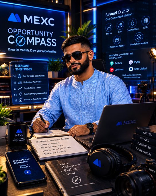 A man in a blue shirt and sunglasses sits at a desk surrounded by MEXC promotional materials, with visible text including 'MEXC OPPORTUNITY COMPASS', 'Beyond Crypto One Connected Market', and notes titled 'Opportunity Compass'.