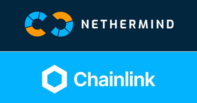 The image displays the logos of "NETHERMIND" and "Chainlink" stacked vertically against blue backgrounds, visually representing the new partnership where Nethermind becomes a node operator and technology provider for Chainlink.