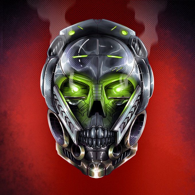 A digital illustration of a menacing robotic skull with glowing green eyes and intricate metallic details set against a red, smoky background.