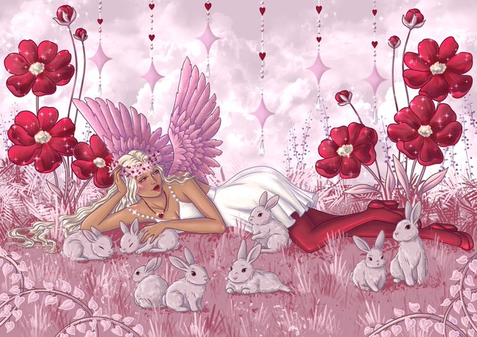 A fantasy illustration of a blonde woman with pink angel wings and a white dress lying in a pink field surrounded by white rabbits and red flowers, with heart-shaped rain falling from a pink sky.