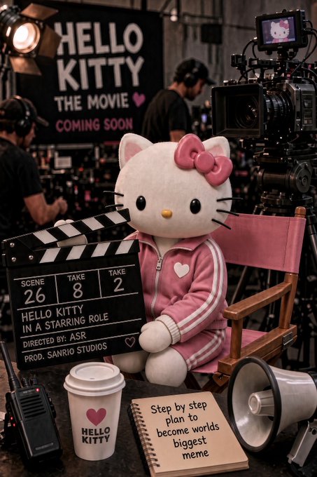 A Hello Kitty plush wearing a pink tracksuit sits in a director's chair on a film set, next to a clapperboard reading 'SCENE 26, TAKE 8, HELLO KITTY IN A STARRING ROLE, DIRECTED BY: ASR, PROD. SANRIO STUDIOS' with a Hello Kitty coffee cup and notebook reading 'Step by step plan to become worlds biggest meme.'