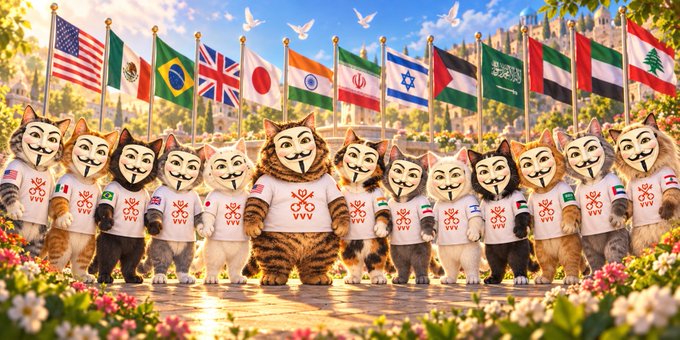 An AI-generated image showing multiple cats wearing V for Vendetta masks and white shirts with red symbols, standing in front of various national flags including USA, Mexico, Brazil, UK, Japan, India, Iran, Israel, and others.