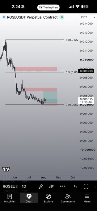 A TradingView chart of the ROSEUSDT perpetual contract shows a recent price breakout above the 0.5 Fibonacci retracement level near 0.0067, with a retest forming around 0.0056 before a potential continuation higher, aligning with the post's "breakout, retest and fly" thesis.