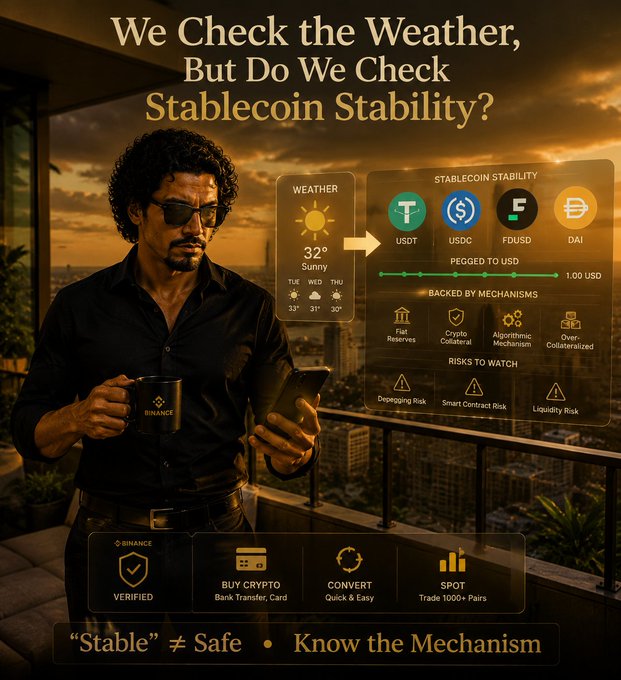 An advertisement featuring a man holding a Binance mug with the text 'We Check the Weather, But Do We Check Stablecoin Stability?' displaying USDT, USDC, FDUSD, and DAI.