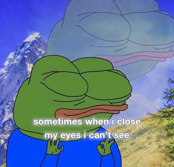 The 'Pepe the Frog with eyes closed' meme overlaid on a mountain landscape, with the text 'sometimes when i close my eyes i can't see' written across the frog.